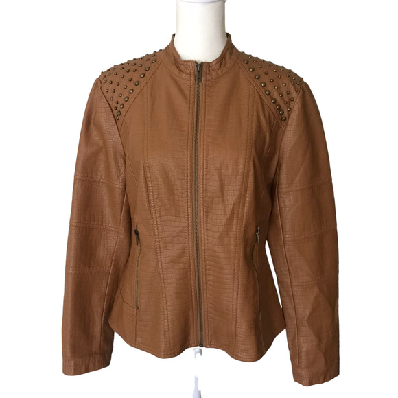 V Cristina Jacket Womens‎ Medium Brown Camel Faux Leather Studded Textured - Picture 1 of 12